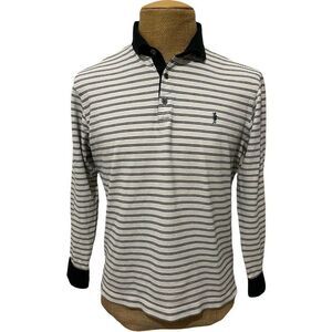 MACKINTOSH LONDON Men's Long Sleeve Polo‎ Shirt White Black Striped Logo Size LL